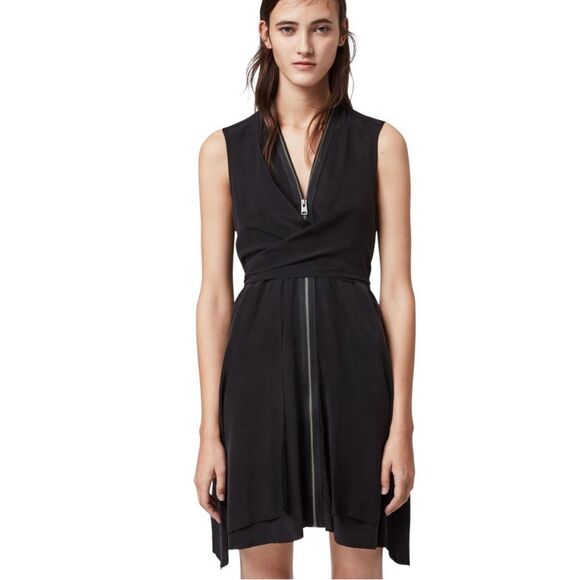 All Saints Black Sleeveless Jayda Silk Zip Tie Front Mini Dress Size Large - Picture 1 of 7